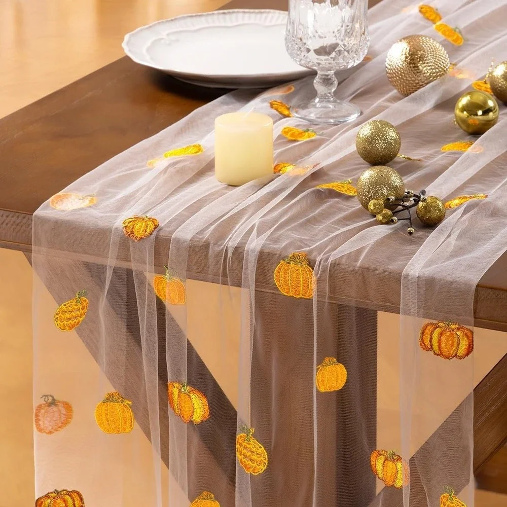 Socomi 3pcs Falll Thanksgiving Table Runner Pumpkin Leaf Tulle Gauze Cheesecloth